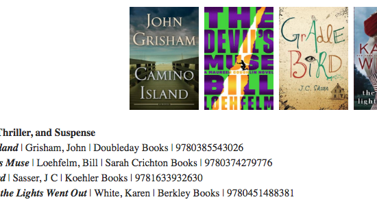 Koehler Books’ Gradle Bird competes against John Grisham’s Camino Island